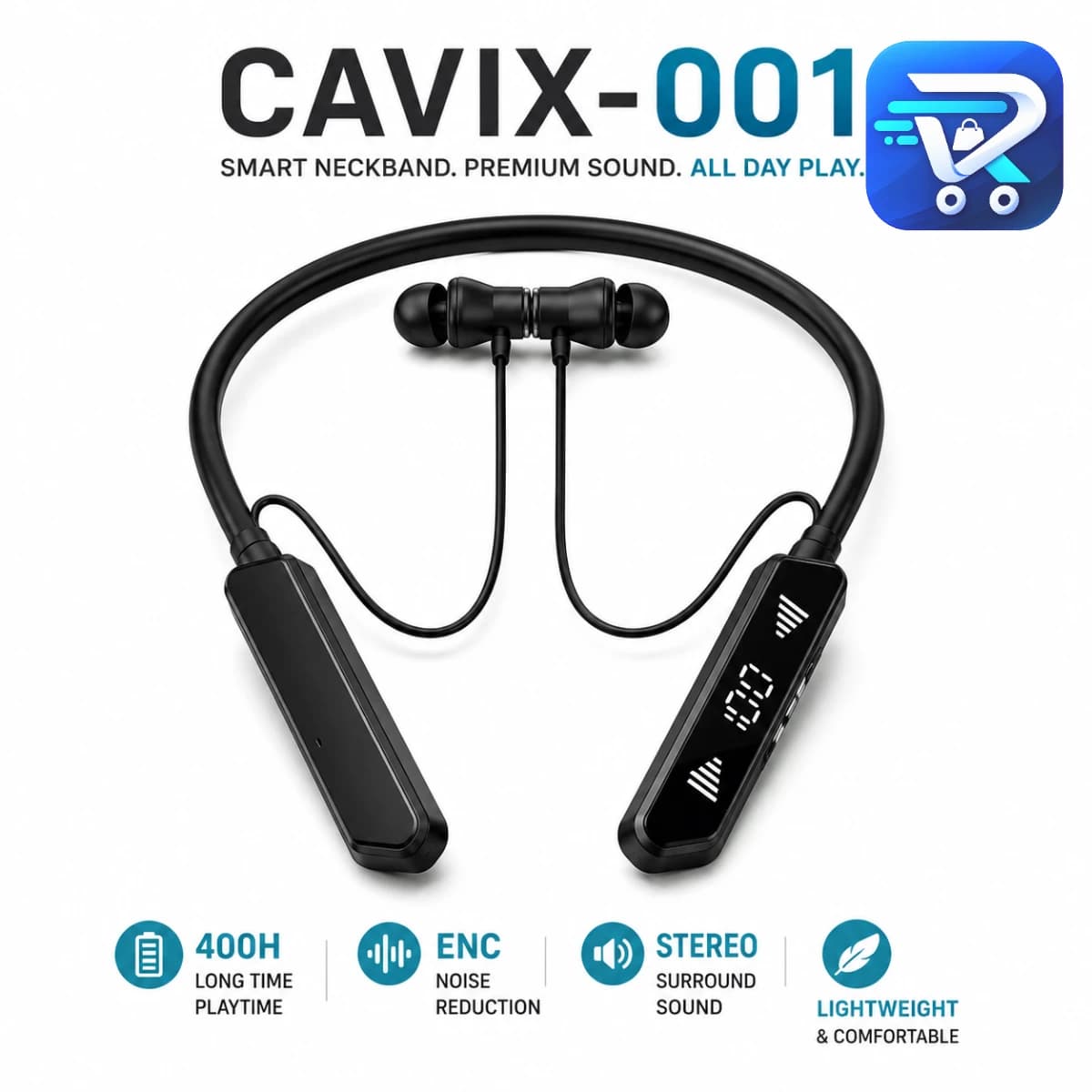 Cavix-001 Wireless Neckband Earphone – Bluetooth V5.4 In-Ear Headset with 400H Long Battery Life, ENC Noise Reduction, LED Digital Display & Voice Change Feature