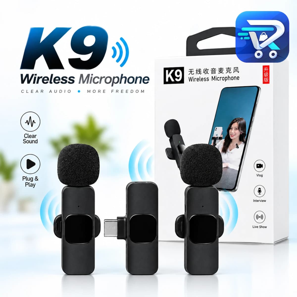 Wireless K9 Lavalier Microphone – 2.4GHz Clip-On Mic with 9ms Ultra-Low Latency, 20M Range, Intelligent Noise Reduction & 10H Battery for Mobile & Camera