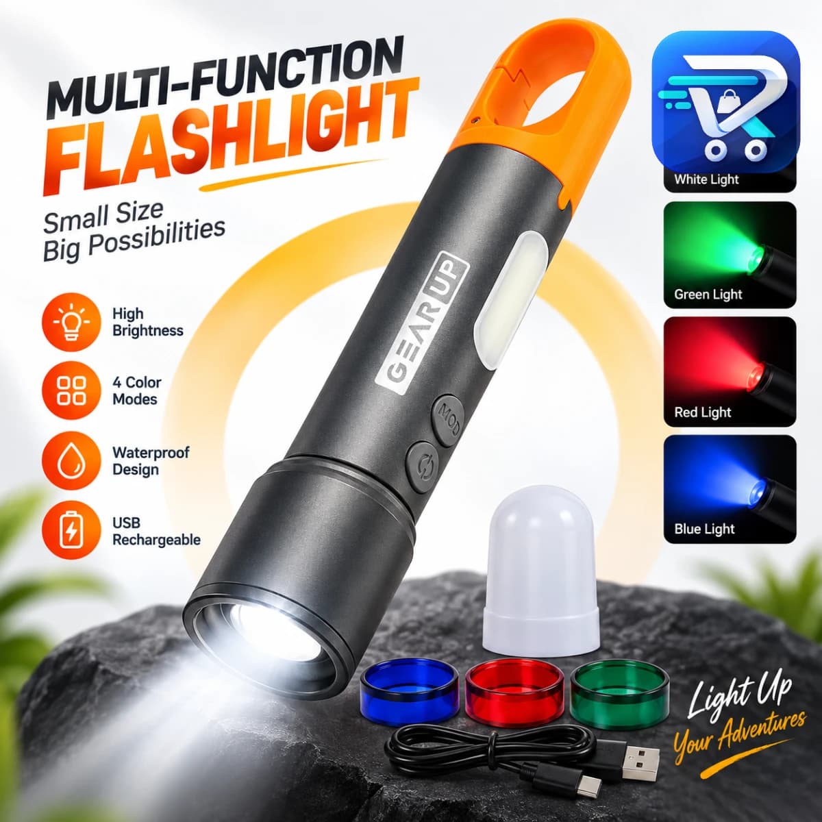 Traveller Light LED Torch – 500 Lumen Portable Tactical Flashlight with 1200mAh Battery, Optical Zoom, 9 Lighting Modes, IP65 Waterproof & USB-C Charging